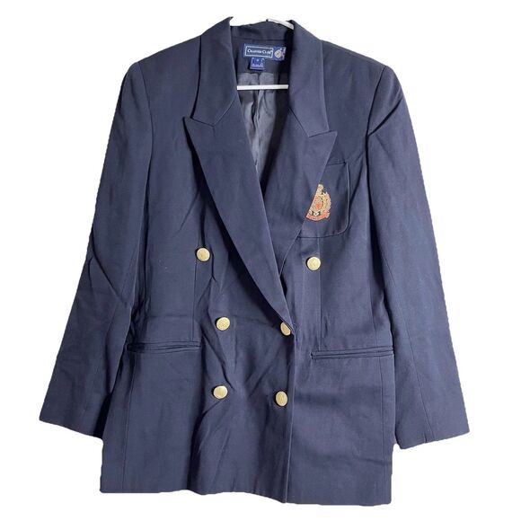VTG Charter Club Preppy Navy 100% Wool Double Breasted Beaded Crest Blazer 8 - Picture 1 of 13